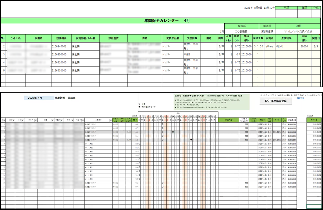 月度カレンダーに一括で結果入力したり、Excelでまとめて入力したデータをKARTEMIXに登録できることを示すエクセル形式の画面
