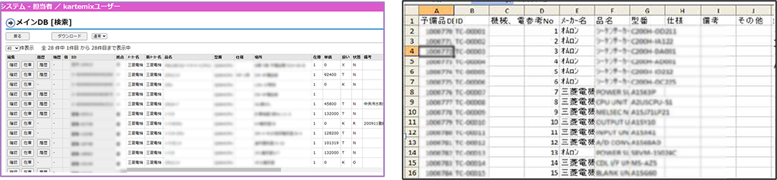 左側に自動で更新された予備品台帳の画面、右側にその台帳をExcel形式で出力した画面