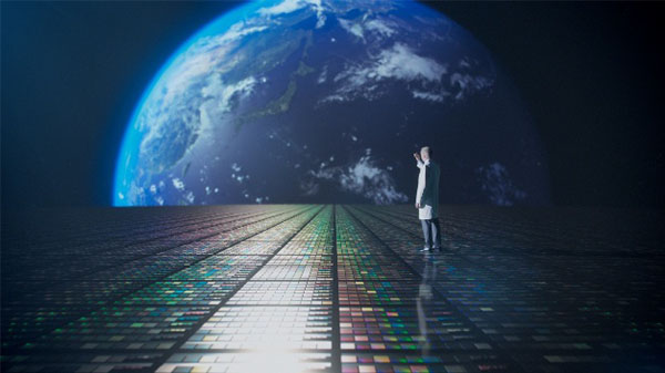 地球サイズの半導体ウエハー上に富士フイルム研究員が立っているイメージ