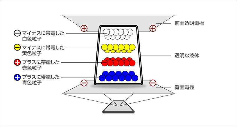 前面透明電極と背面電極の間に、透明な液体と、マイナスに帯電した白色・黄色粒子、プラスに帯電した赤色・青色粒子を配置した「E Ink Spectra™ 6」カラー電子インクシステムの構造模式図。