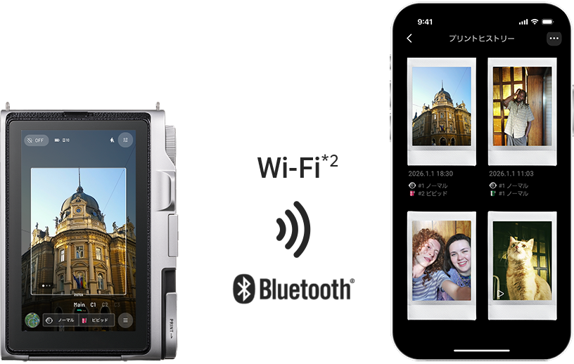Bluetooth®またはWi-Fiを介してカメラとスマートフォンを連携し、スマートフォンのinstax mini Evo™アプリを使用して写真をシェアする様子