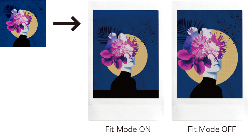 Original image (left), instax photo™ with Fit Mode ON (center), and instax photo™ with Fit Mode OFF (right).