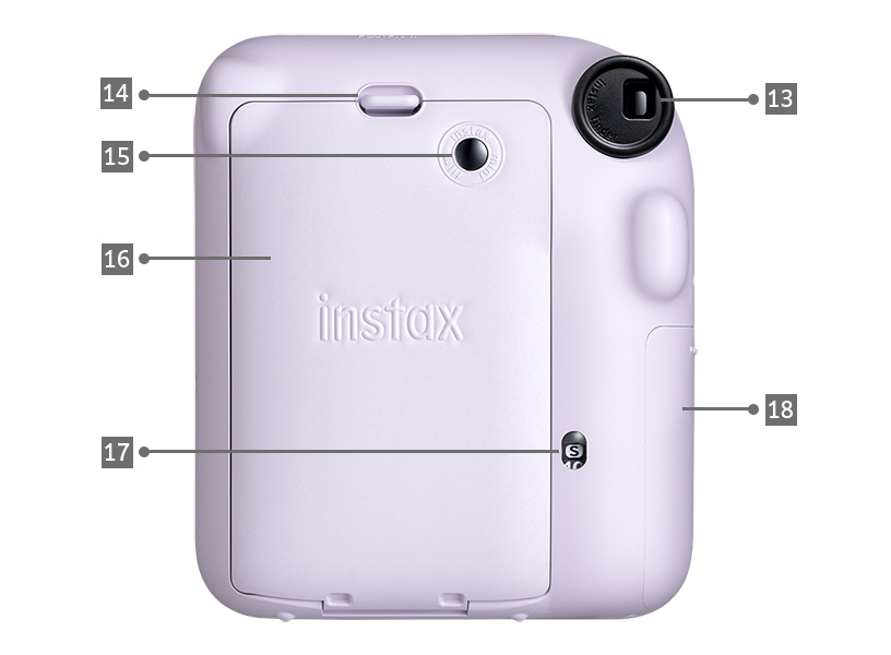[photo] LILAC PURPLE instax mini 12™, back view with numbers pointing to working parts and points of interest