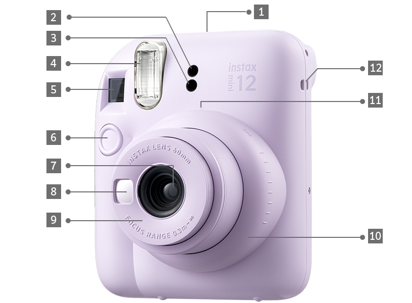 [photo] LILAC PURPLE instax mini 12™, front view with numbers pointing to working parts and points of interest