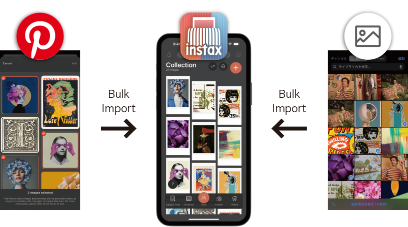 Importing content from Pinterest® or your camera roll into the instax mini Link™ app.