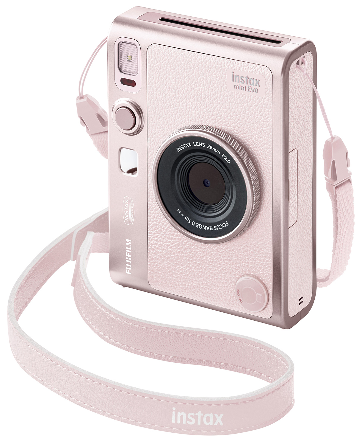 “instax mini Evo™” “GENTLE ROSE” with the included shoulder strap