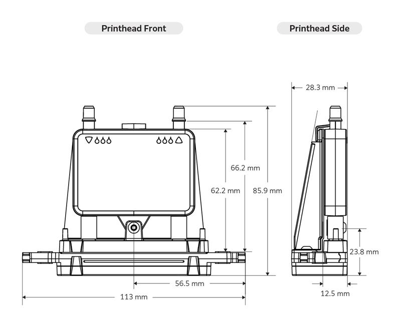 Physical Characteristics of SKYFIRE The head outer dimensions are 113 mm in the width direction, 85.9 mm in the height direction and 28.3 mm in the feeding direction. The nozzle plate is designed for a small space of 12.5 mm in the feeding direction.