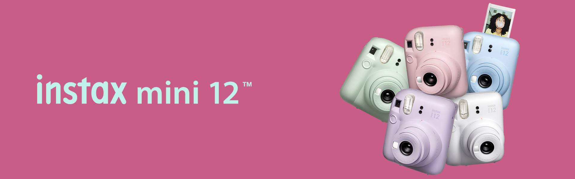 [photo] instax mini 12™ cameras lined up, every color - MINT GREEN, BLOSSOM PINK, PASTEL BLUE, LILAC PURPLE and CLAY WHITE background