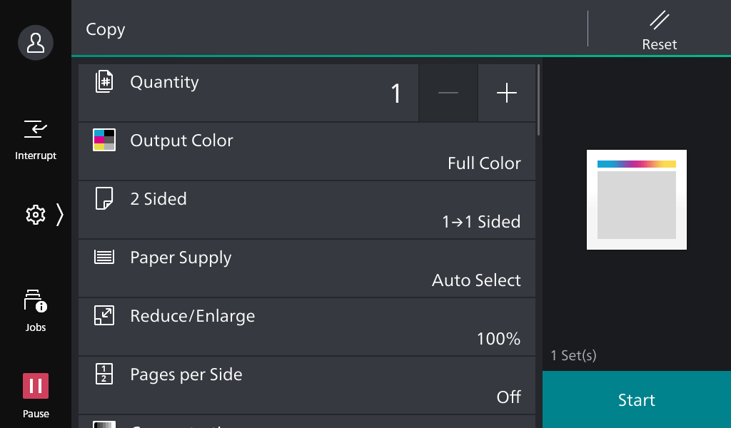 A touchscreen interface of the Apeos series displays the copy function menu. Options include quantity, color printing, double-sided printing, paper supply, and a start button.