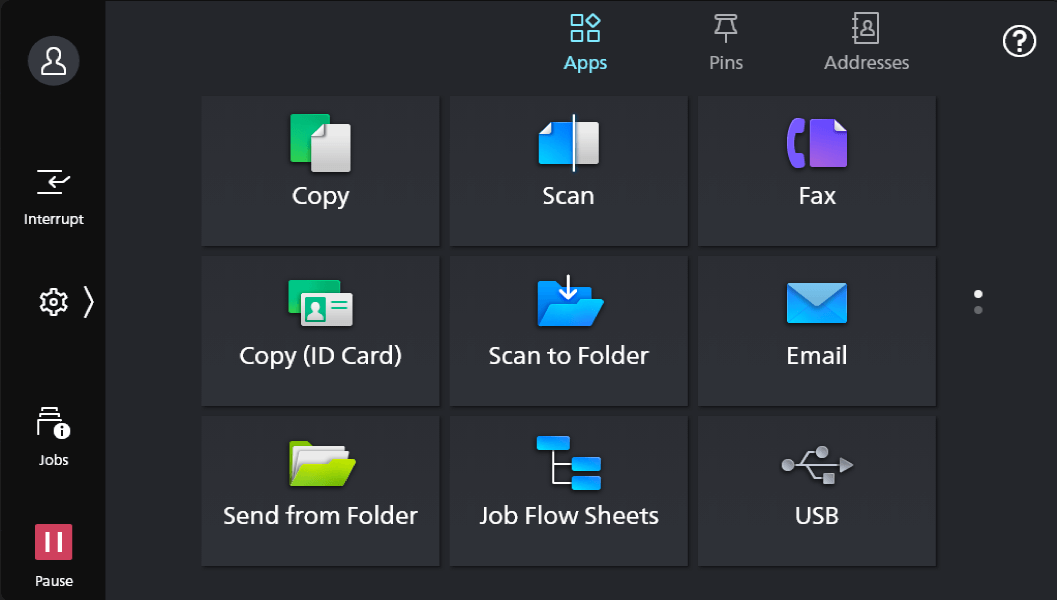 A touchscreen interface of the Apeos series displaying nine app icons: Copy, Scan, Fax, Copy (ID Card), Scan to Folder, Email, Send from Folder, Job Flow Sheets, and USB.