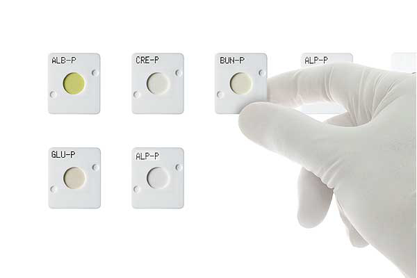 [photo] FUJI DRI-CHEM SLIDES with a hand holding one up