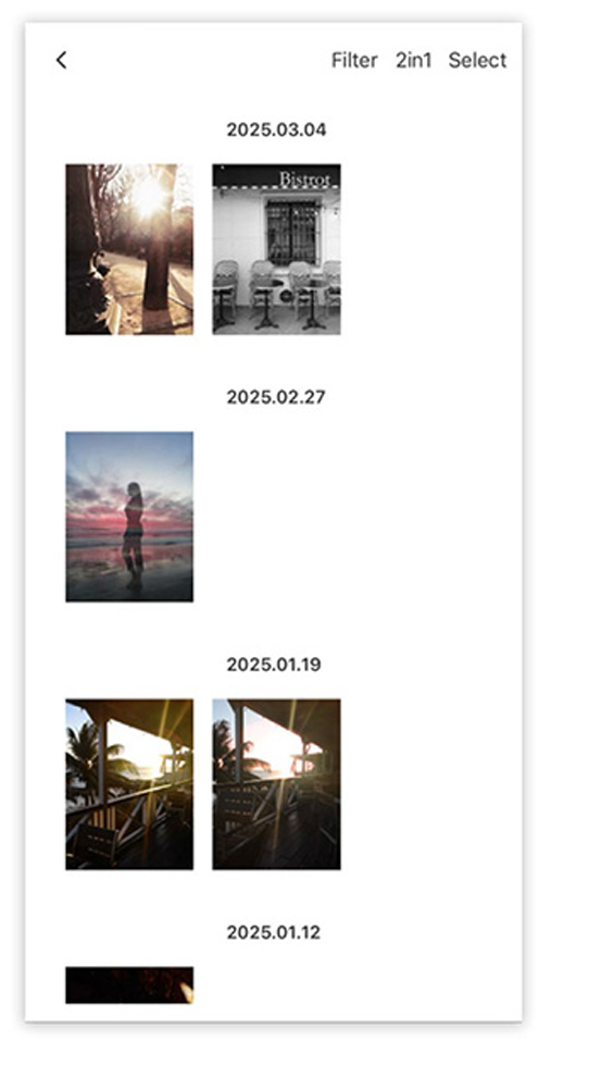 Layout with photos arranged by date taken on a white background