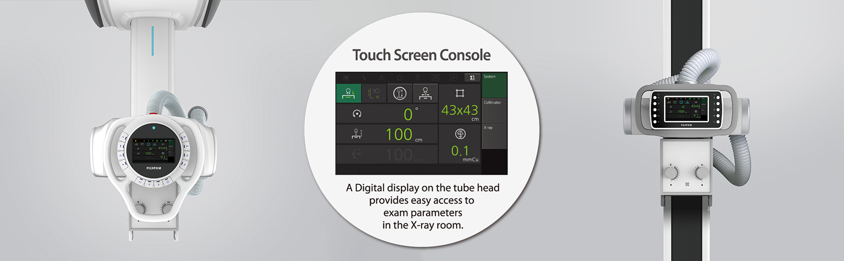 [photo] Tube head LCD display screenshot with "A digital display on the tube head provides easy access to exam parameters in the X-ray room" text on a FDR Smart X X-ray system background