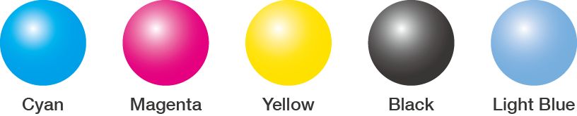 [image] Spheres of color, from left to right, labeled cyan, magenta, yellow, black, and light blue