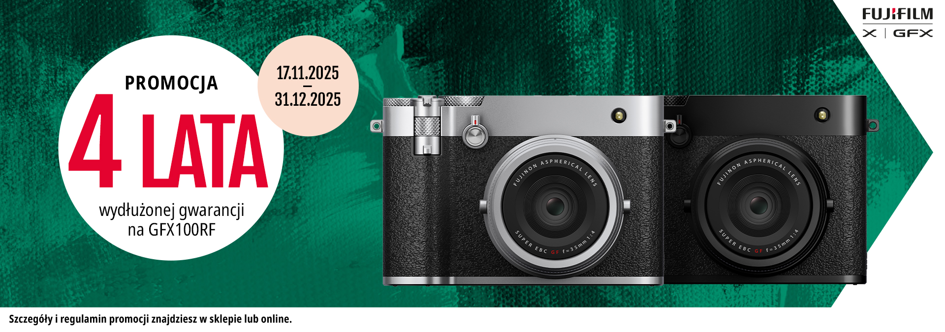 Baner promocyjny: Gwarancja 48 PRO przy zakupie aparatu Fujifilm GFX100RF