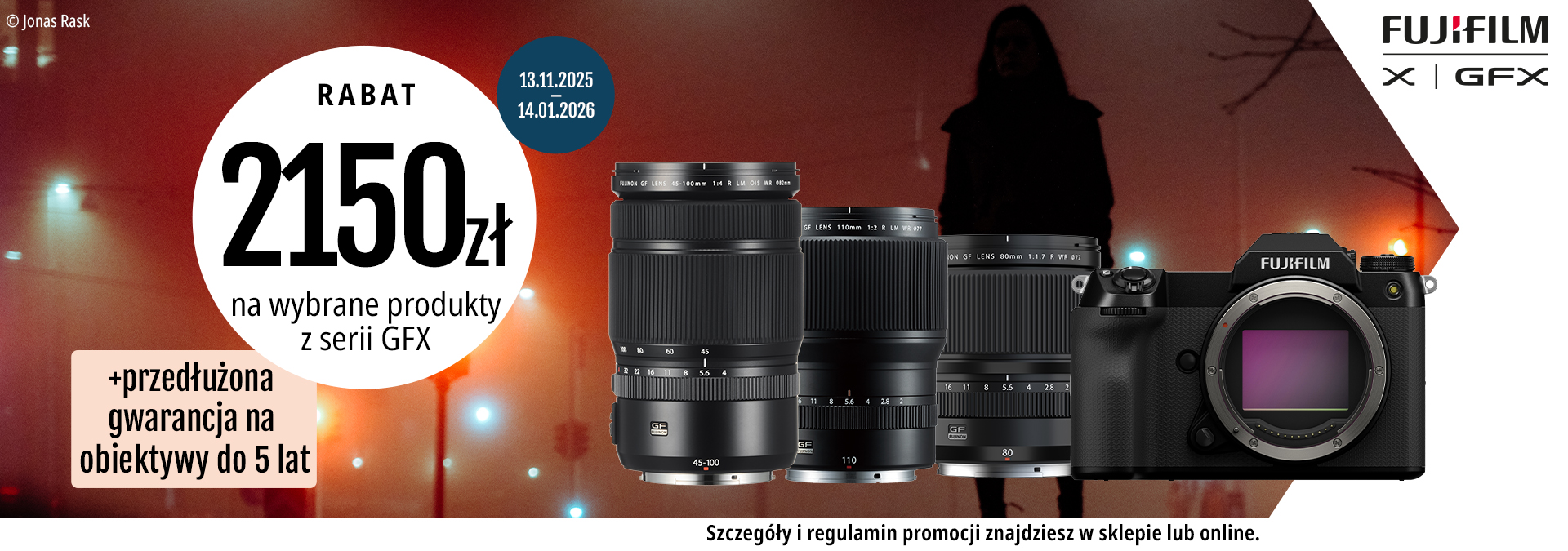 Baner promocyjny Rabat 2150 zł na wybrane obiektywy i aparaty serii GFX 