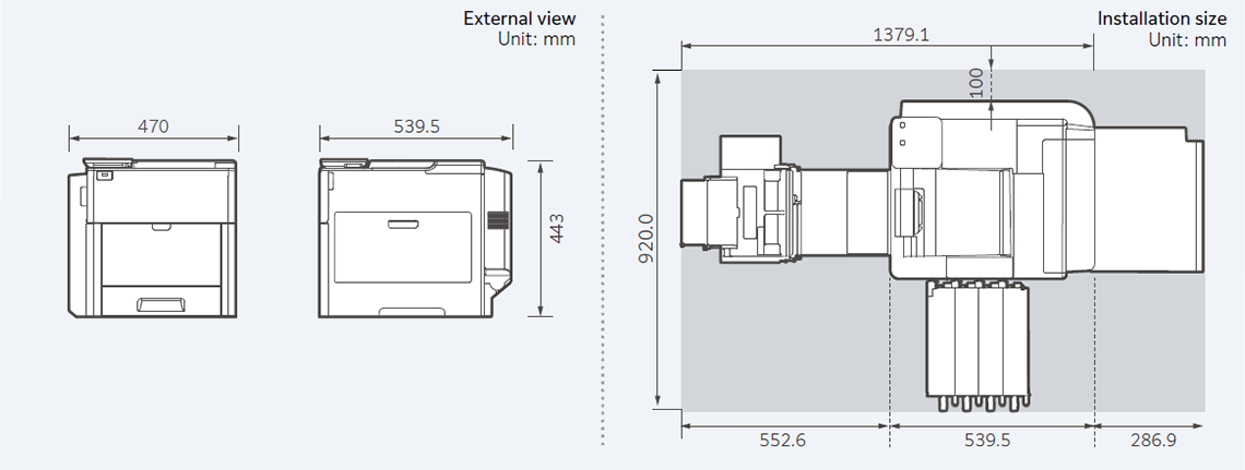 Ilustração que mostra as dimensões da impressora Fujifilm CX3240F, indicando as medições de comprimento, largura e altura em vários pontos.