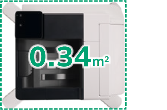 Ilustração que mostra as dimensões da impressora Fujifilm CX3240F, destacando a sua área útil de cobertura compacta de 0,34 m².