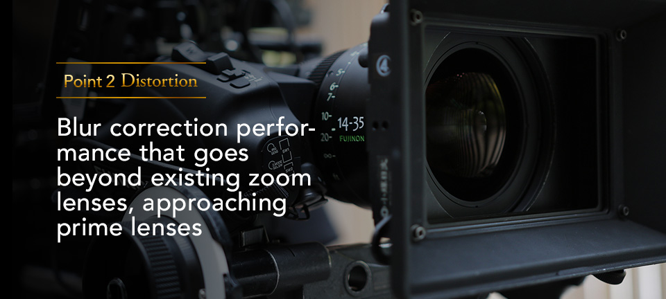 [photo] "Point 2 Distortion: Blur correction performance that goes beyond existing zoom lenses, approaching prime lens" text with a fully rigged digital camera as the background image