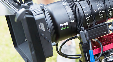 [photo] Close-up view of the logo etched side of FUJINON 19-90 ZK Series lens