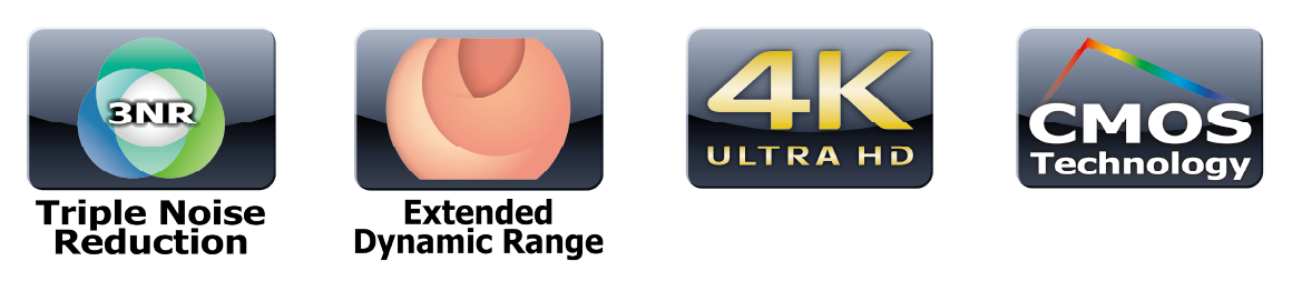 The logo of, Triple Noise Reduction, Extended Dynamic Range, 4K ultra HD and CMOS technology