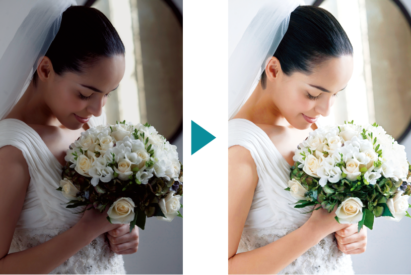 [image] Un-enhanced photo of bride holding bouquet on left, next to enhanced, vibrant version of the same photo on right