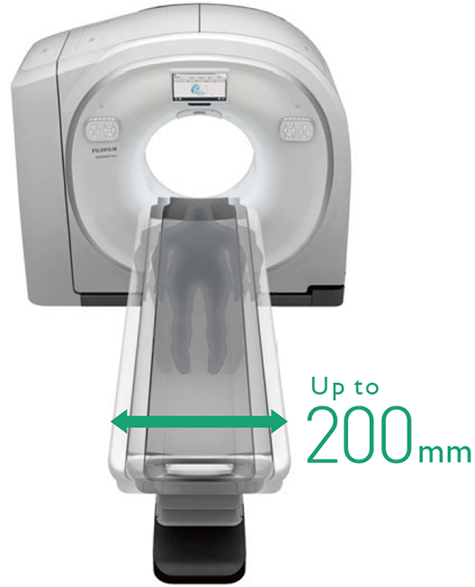 There is an illustration that shows the patient table can move left and right up to 100mm in each direction, and the total travel is up to 200mm here.