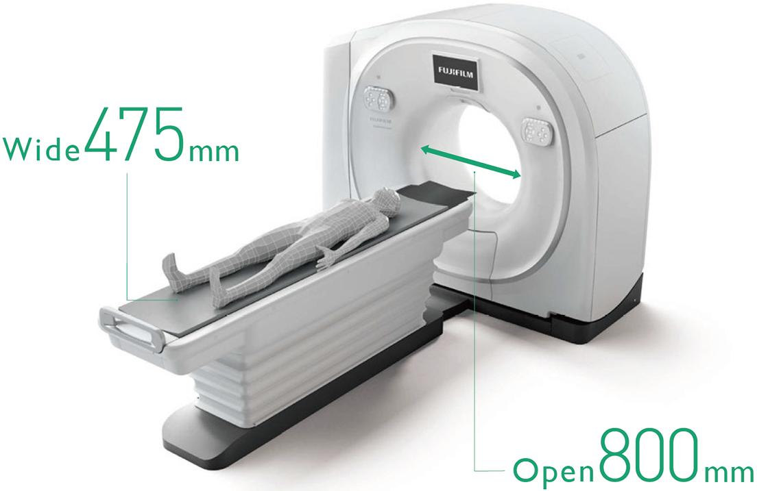 There is an illustration that shows the aperture is 800mm and the width of the patient table is 475mm  here.