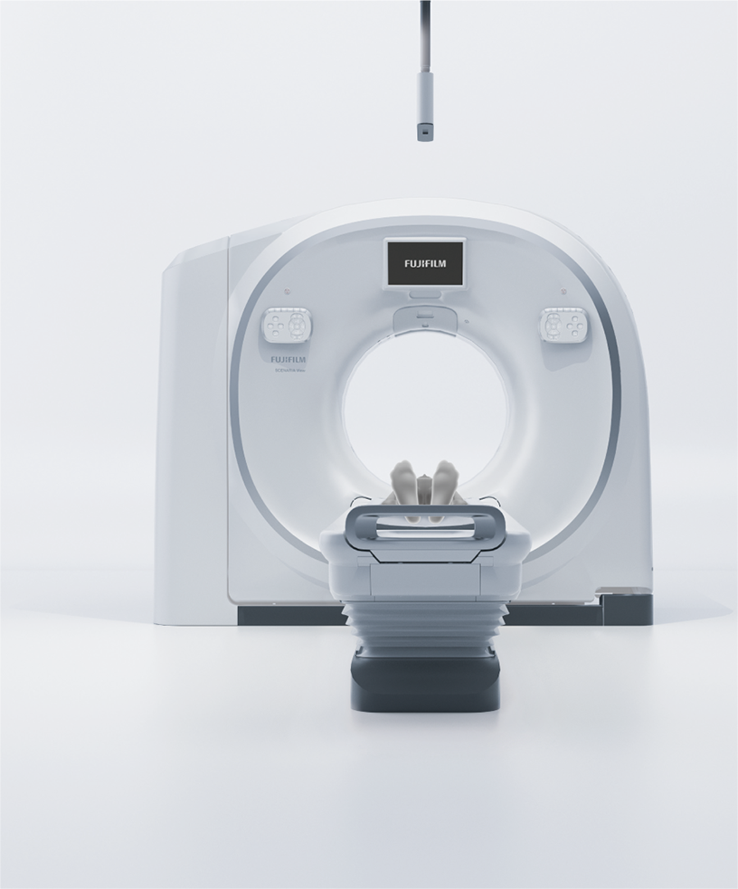 There is an illustration depicting a scene where a patient is lying on the patient table, and a CT examination is about to be performed here.