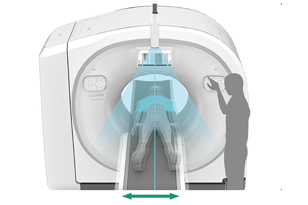 A figure showing the lateral direction positioning using AutoPositioning, which recognizes the anatomical landmarks of the human body with one-button.