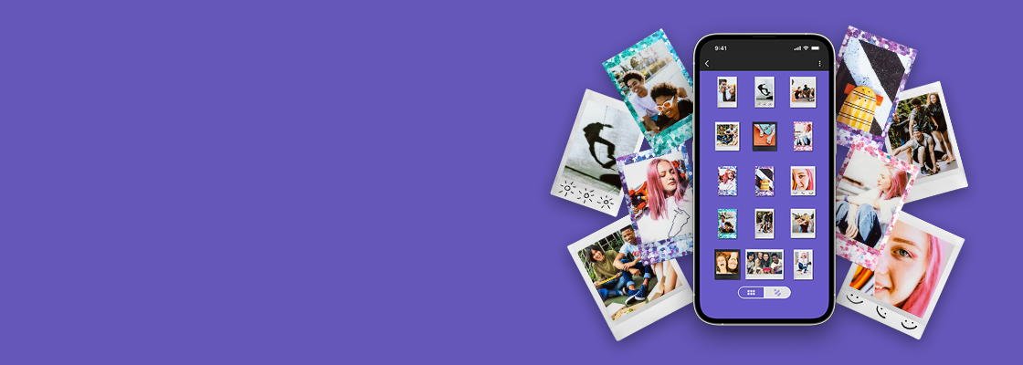 [photo] A smartphone displaying the instax UP!™ app and instax™ films photo print