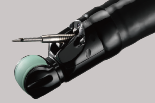 [photo] Distal end of EG-740UT ultrasonic endoscope with functional parts