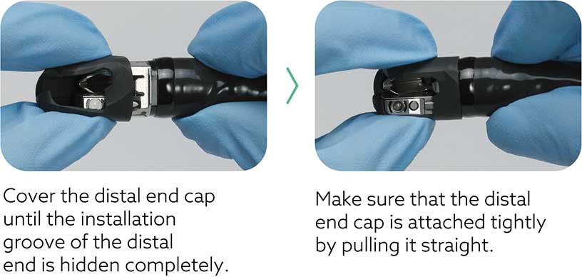 [photo] Side by side close-up views of Covering the distil end cap and attaching it tightly