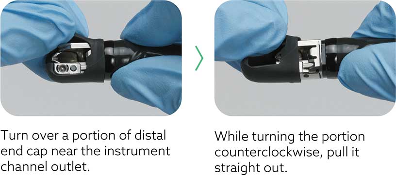 [photo] Side by side close-up views of how to detach the distal cap by turning a portion near the instrument channel and turning the counter-clockwise to pull it straight out