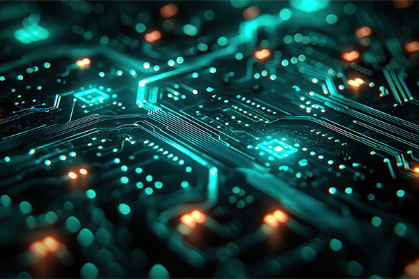An image of a semiconductor substrate with blue and orange lights.