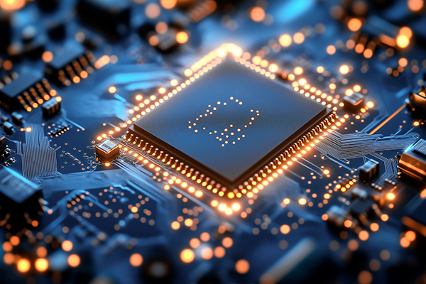 An image of an IC chip shining on a semiconductor board.