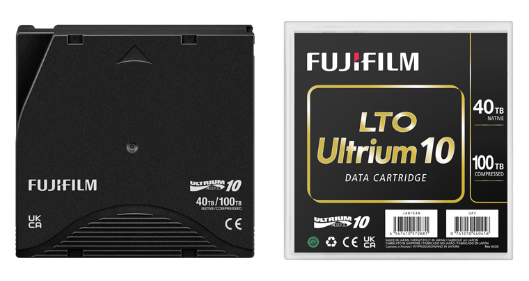 Cartucho e embalagem da fita Fujifilm LTO Ultrium 10 com indicação de 40 TB nativos e até 100 TB comprimidos