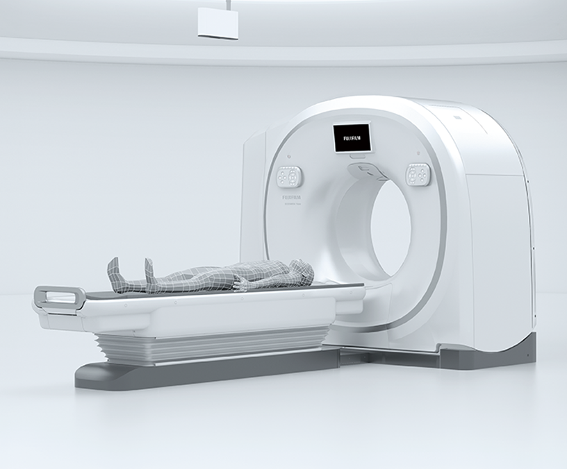 There is an illustration depicting a scene where a patient is lying on the patient table, and a CT examination is about to be performed here.