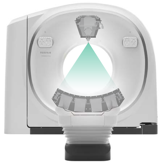 There is an illustration showing how X-rays are emitted from a 7.5MHU X-ray tube device and received by a fully digital detector in the gantry here.