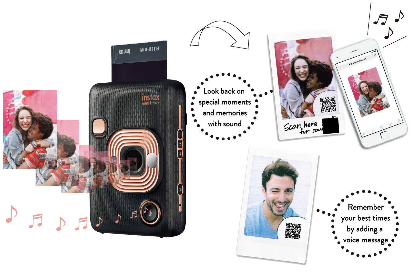 Collage of black LiPlay camera surrounded with printed pictures