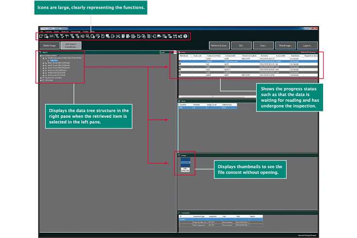 [image] Software Screenshot with functions icons, data tree structure, progress and inspection status and display thumbnails sections highlighted in red.