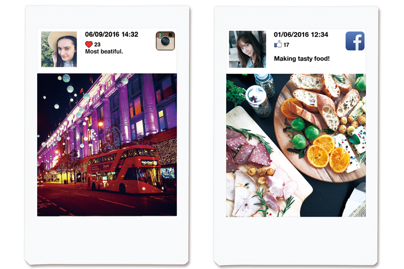 two pictures of a night street and table with food