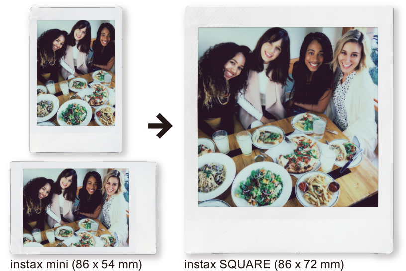 Image of a vertical Instax Mini photo with three women and horizontal Instax Mini photo with four women then a vertical Instax SQUARE photo with same four women