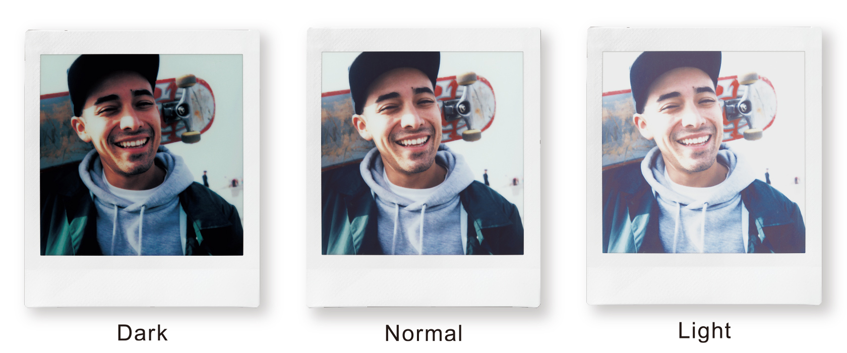 Image of three photos of a smiling man with one photo being darker one photo being lighter and one being normal