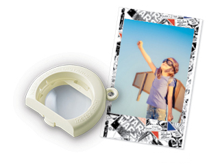 Image of Close-Up Lens Attachment and image of a boy with wings and glasses