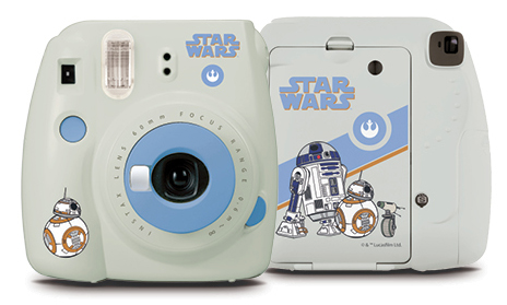 Front and back view of gray mini 9 camera with star war characters