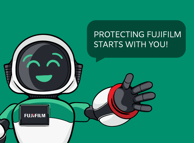  Robot with Fujifilm logo on its chest says "Speak Up! If you see something that doesn't look right."