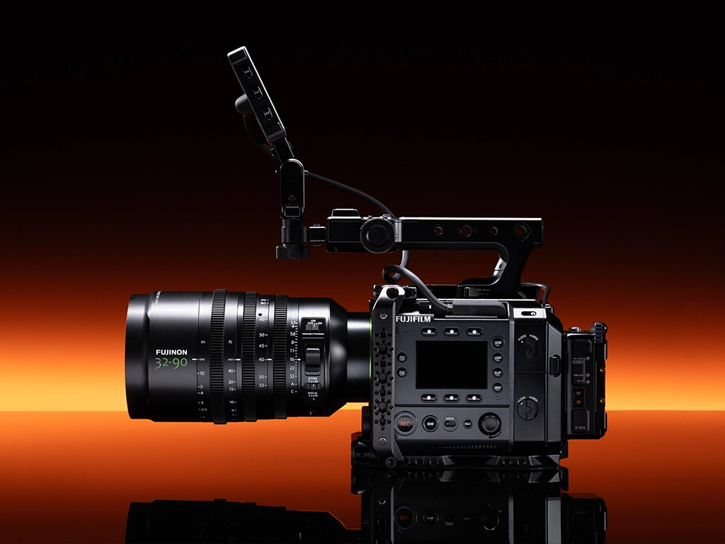 Image of FUJIFILM GFX ETERNA 55 camera with an orange sunset style background. Copyright Timur Civan