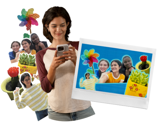 An image of a woman creating a collage using Photo Mixer™.