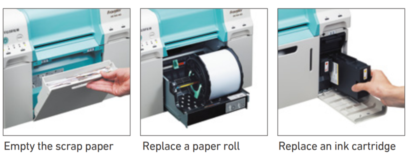 Image of replacing ink cartridges and the paper roll